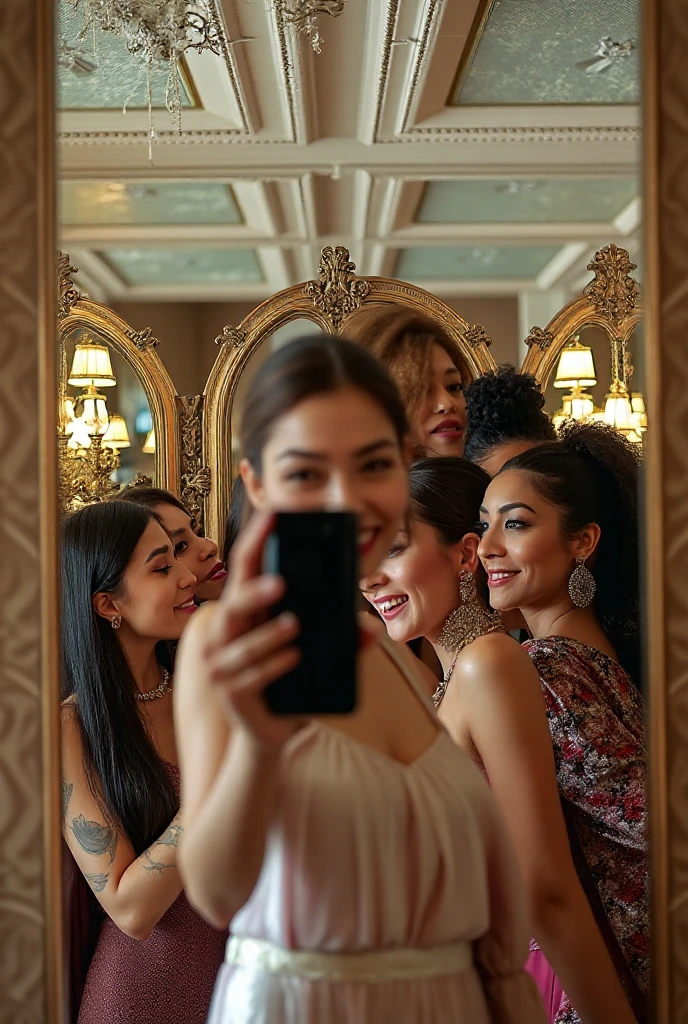 A group of 7 sensually party dressed girls take a selfie group in the mirror in the bathroom of a nightclub. The photo is taken at a distance from the mirror, the girls' bodies can be seen in full and they are 3 meters away from the mirror