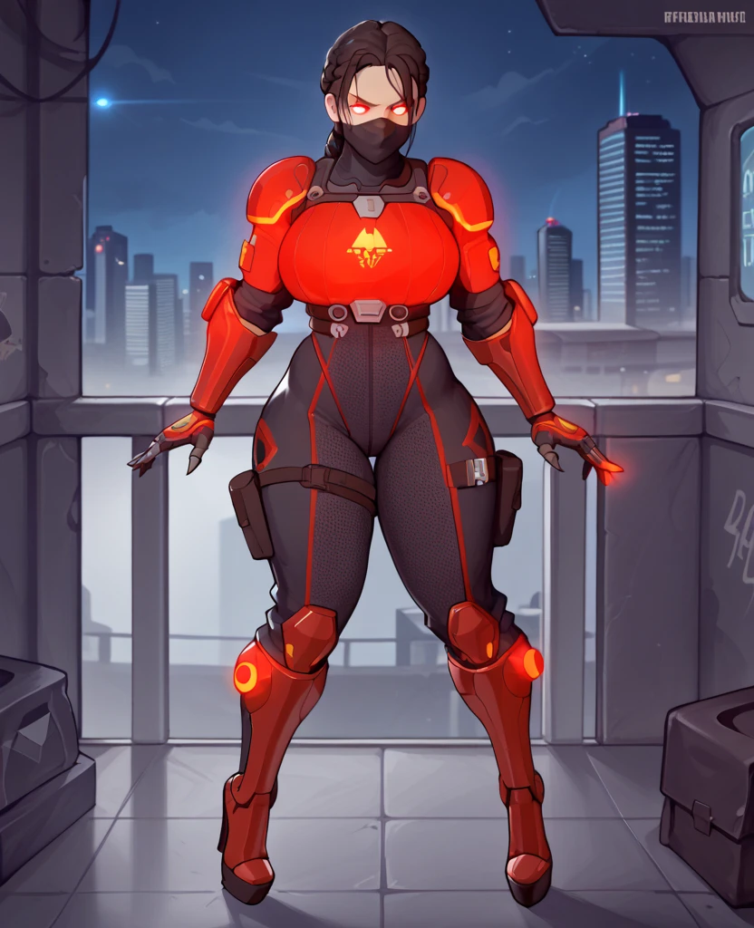a busty slutty female Pyro from Team Fortress 2 posing seductively, wearing a tight red latex bodysuit and a gas mask, with black thigh high boots, a black corset with a zipper, and black and yellow gloves, face covered, head covered, with voluptuous gigantic breasts, heavy boobs, wide hips, shapely, beautiful, full-figured, a big booty and ass, huge bosom, big hooters, perfect milky breasts, and thick thighs, sexy, lewd