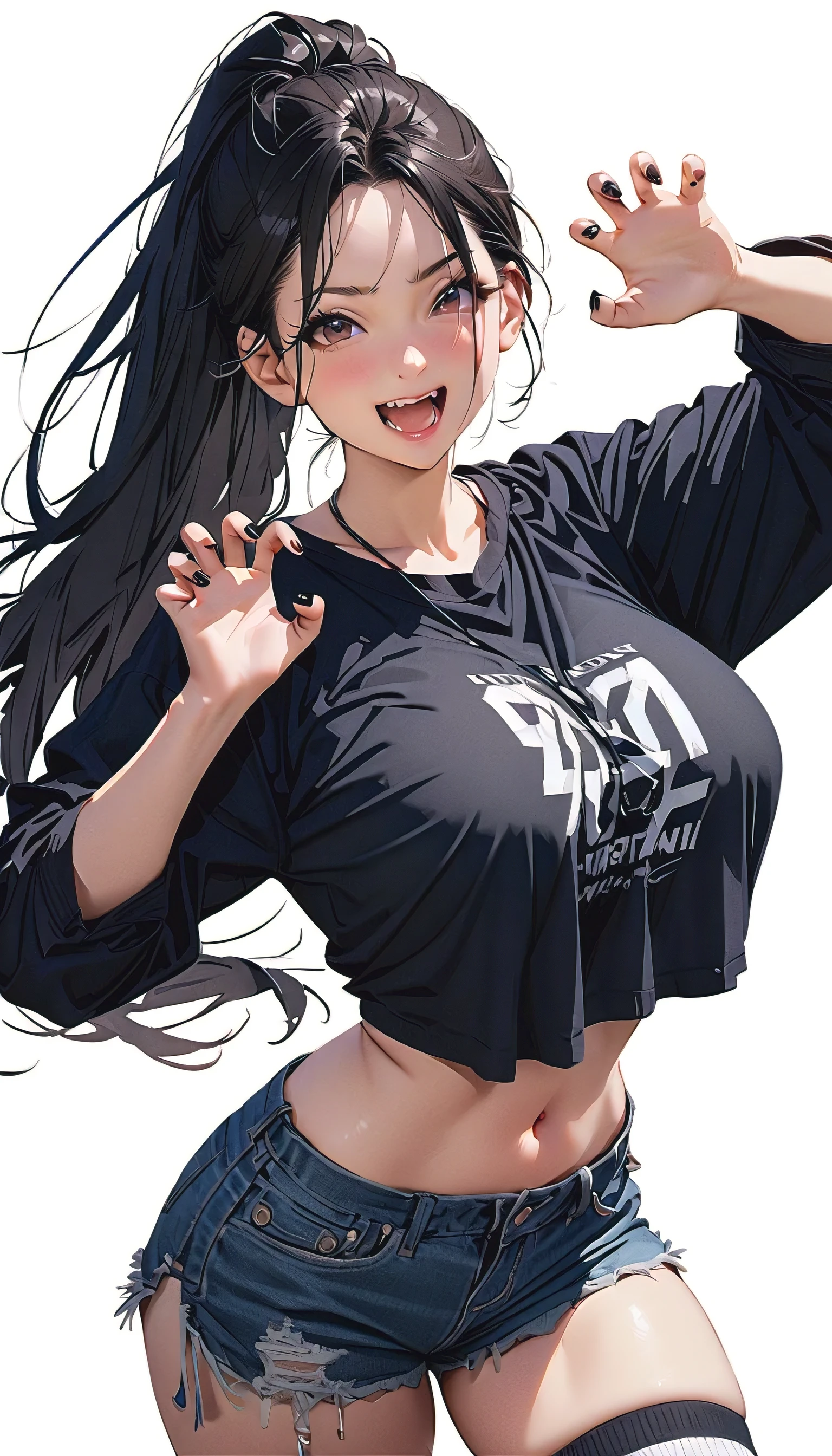 masterpiece, best quality, 1girl, upper body, t shirt, ponytail, breasts, smile, behind a wall with graffiti,