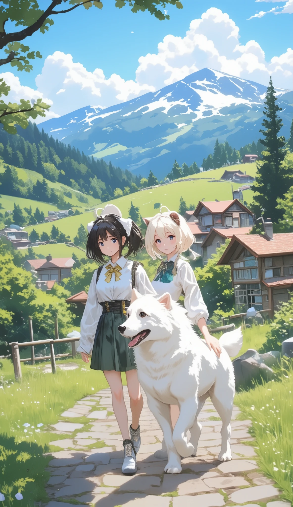(傑作, 最高品質:1.2), Ghibli, Healing pets become guardians, and weaving cute creatures into everyday life creates the most heartwarming stories, A white Pyrenean dog and a sexy busty woman strolling on a hill overlooking a small village in the Alps