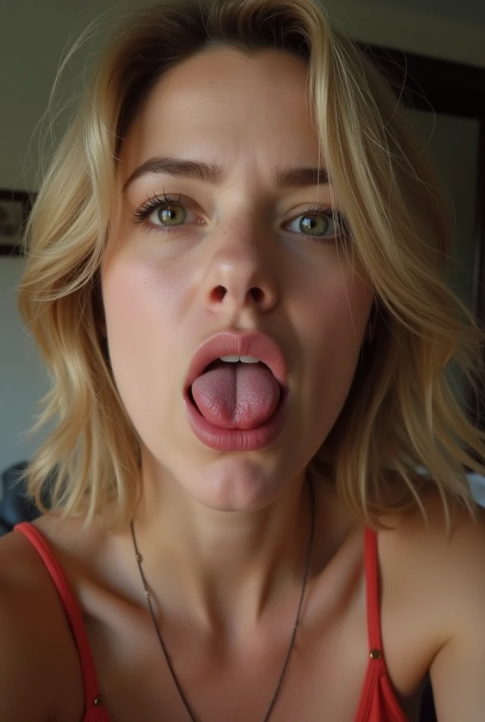 realisticlying、19-year-old girl、fullnude，blondehair、Short bob cut、Super large zoom of the face， emphasis，Looking up from the bottom，Blackening of hair，Blue eyes，Fine-grained skin，Croat、Blushing，Red lips，，facials 、Bed sit，stick out your tongue and open your mouth wide、cuminmouWrinkles between the eyebrows，