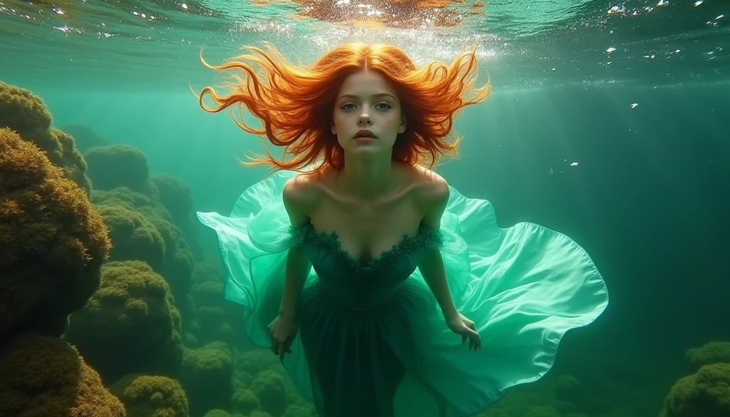 A mermaid with red long hair floating about her face holds a broken mirror while being underwater, her face melancholic as the sun filters through water, realistic, vintage and gothic aesthetic