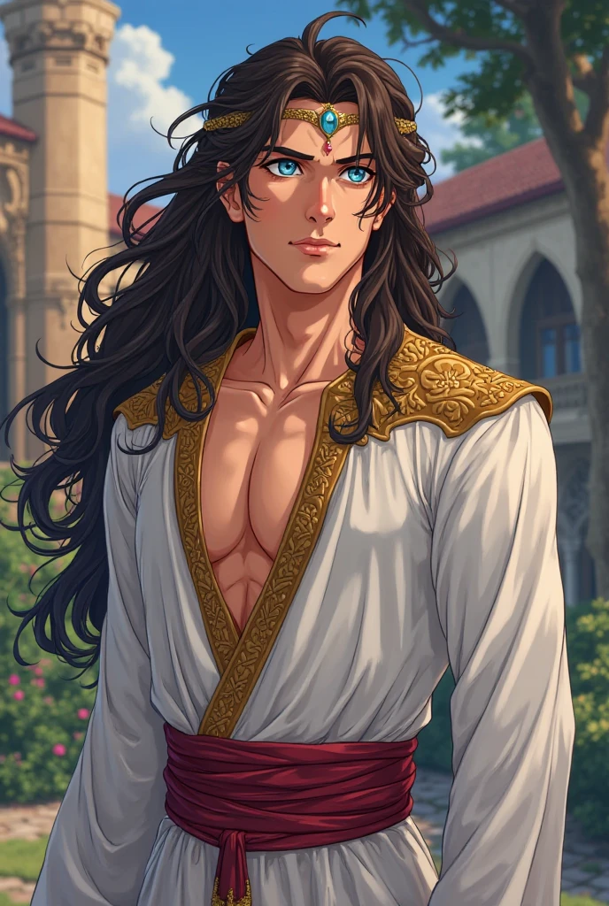 Young man apparently 18 years old, Semi Long Wavy Black Hair up to the ears, Face resemblance to actor Jake Gyllenhall at that age, in medieval Saracen clothes, tanned skin, carrying a Broad Katana
