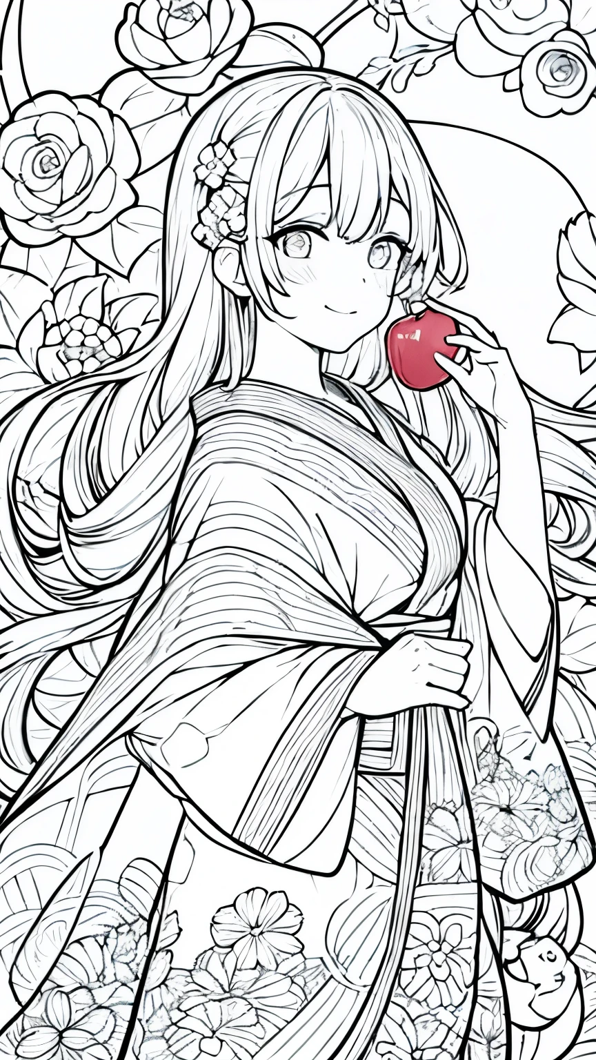 Create a coloring page with a white fondo showing a festival scene where a person is eating a candied apple. Asegúrese de que la persona y la manzana confitada tengan una relación bien definida., contornos gruesos.,Create a coloring page with a white fondo and detailed floral designs. Los contornos deben ser gruesos y fáciles de colorear..,arte lineal fondo, fondo, monocromático, arte lineal, ((bosquejo)),Máxima calidad,obra maestra,monocromático,dibujo lineal,Color Único,Crea una página para colorear detallada,chica、ojos grandes、sonrisa,yukata