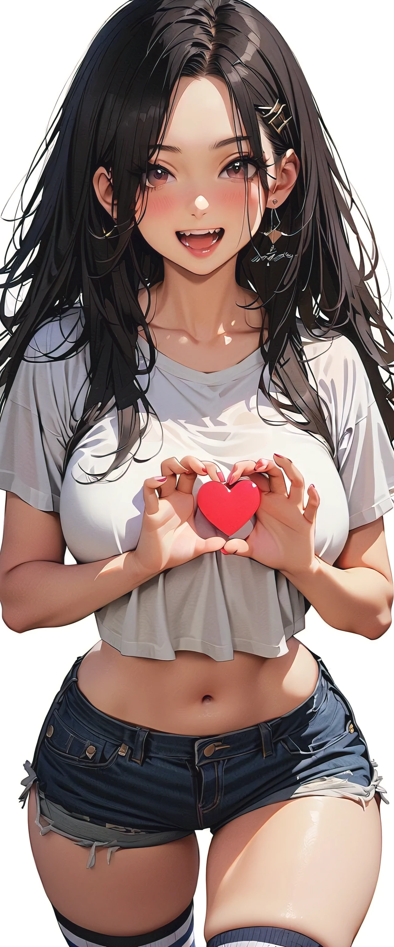 20 years old,1 mature woman,hyperrealistic, 8k, (extremely detailed 8k), (very delicate and beautiful), (masterpiece), (better quality:1.0), (ultra high resolution:1.0), (masterpiece, best quality),cute,black hair,cowboy shot,white background,realistic skin,Crop Top, Denim Shorts, Striped Knee Socks,make a heart with own hands,big breasts,excited,pink nail,tanned skin,forehead