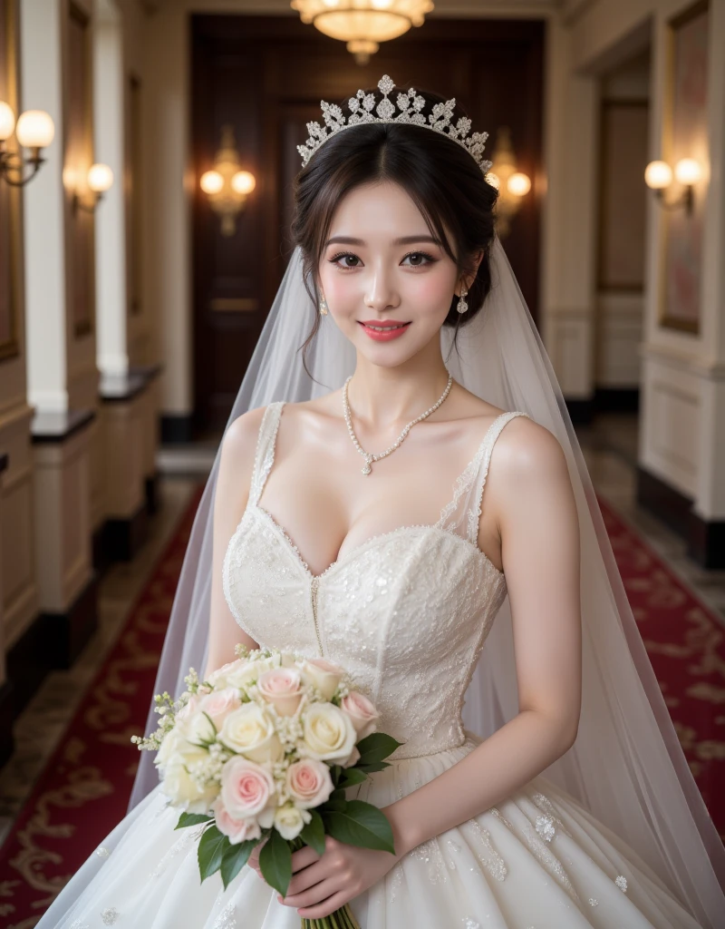(kawaii face), (flat chest:1.2), happy smile, makeup, (Beautiful frills and lace cute wedding dress, bare shoulders:1.3), (tiaras, necklaces, earrings), Ultra High Definition, Superior Quality, Premier Quality, ultra detailed, Photorealistic, 8k, RAW Photos, highest quality, masterpiece, professional photography, Realistic portrait, Beautiful detailed, Close up portrait of girl, (chapel, stained glass, candle light), flower decoration, (Fine face:1.2),