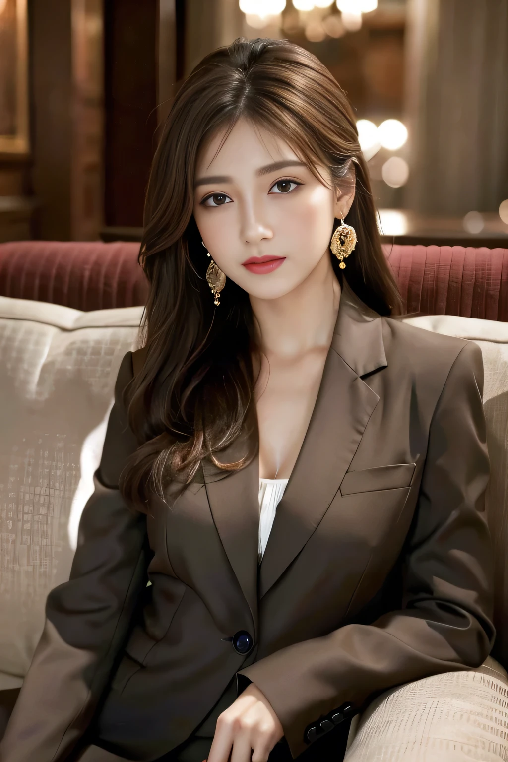 masterpiece, Highest quality, Realistic, Very detailed, Finer details, High resolution, 8k wallpaper, One beautiful woman, Wear a nice suit, In a great restaurant, At night, Light brown messy hair, Perfect dynamic composition, Beautiful and beautiful eyes、Big earrings、Sit on the sofa