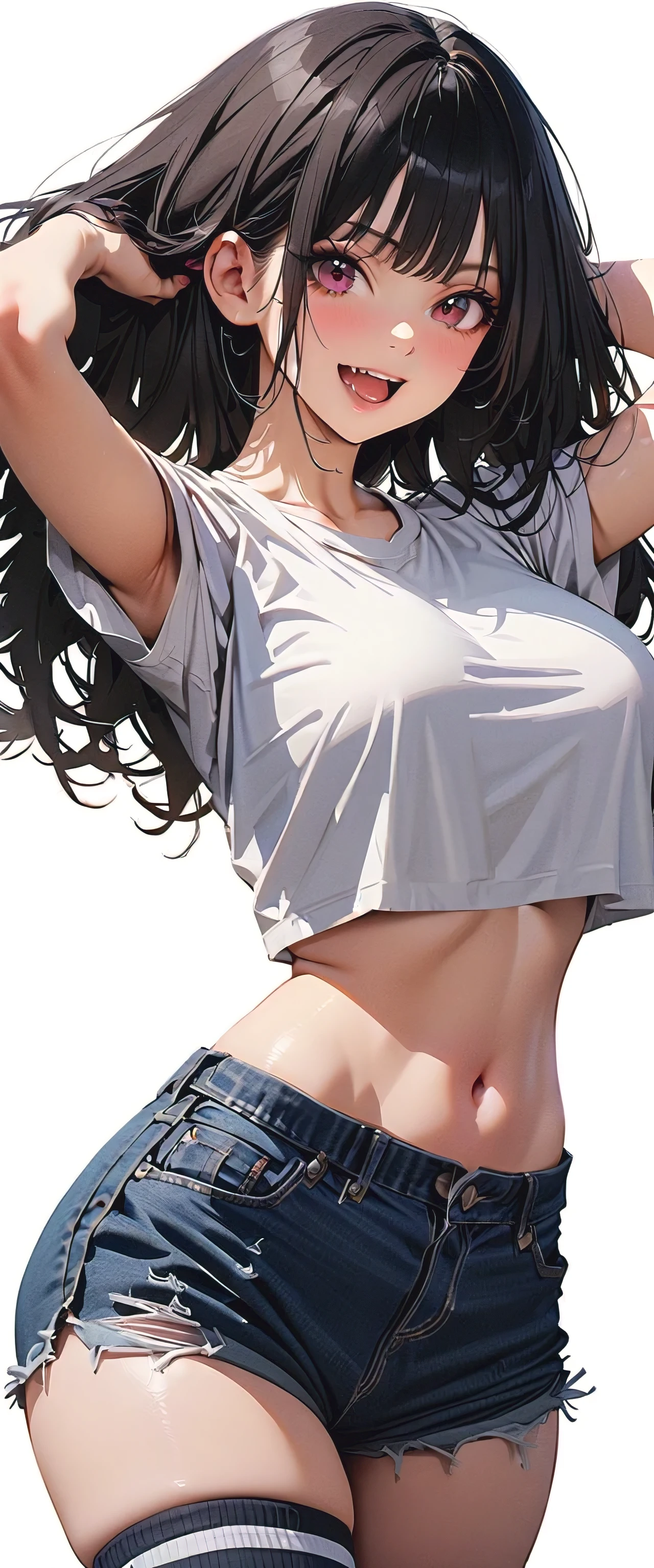 20 years old,1 mature woman,hyperrealistic, 8k, (extremely detailed 8k), (very delicate and beautiful), (masterpiece), (better quality:1.0), (ultra high resolution:1.0), (masterpiece, best quality),cute,black hair,cowboy shot,white background,realistic skin,Crop Top, Denim Shorts, Striped Knee Socks,model posing,big breasts,excited,pink nail,dark skin