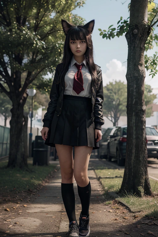 3D anime style, an invitation from the dark world, a pet stands up as a guardian to protect a high school girl. A dark aura hangs over the mysterious background, the pet guardian has bright eyes, a powerful weapon, a cute appearance, and a brave expression. The high school girl is wearing a uniform, standing with a confused expression, overwhelmed by the strange shadows around her. The background is filled with eerie fog and dark trees, and a unique atmosphere surrounds them. Hyper reality 8K, ultra-high resolution, realistic depiction