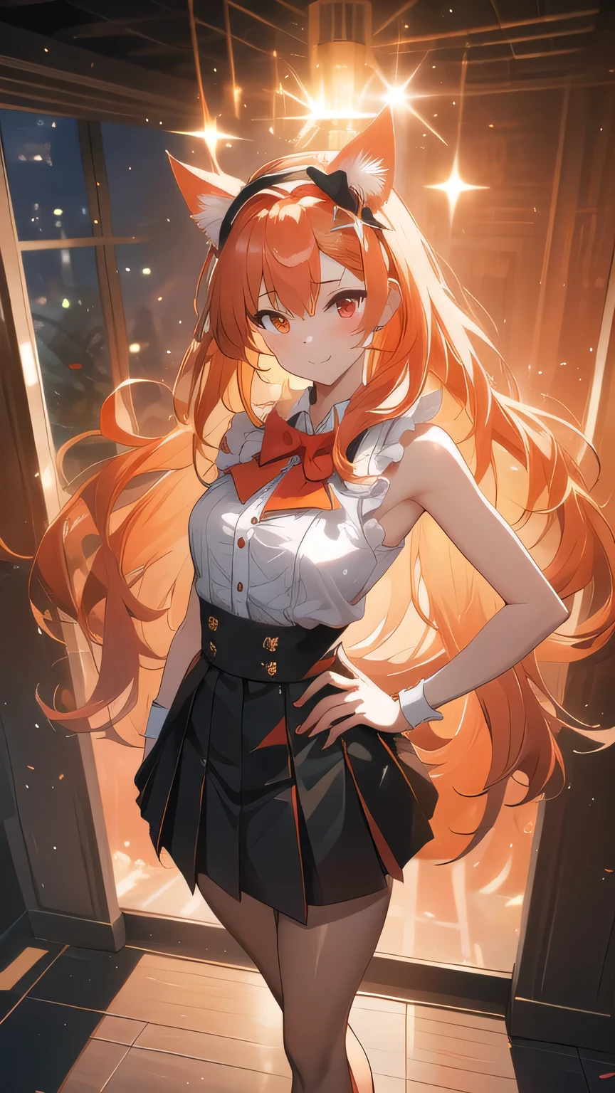 masterpiece,very detailed,Thinnest wavy line, absurd:2.0,realistic, Uniform 8k wallpaper , realistic face, realisticな感触 , Hair Details , very detailed,fully completed, Attractive Faces, Big ,curvy hips,dutch angle, depth of field, Bokeh, Light Leak, ( Chromatic Aberration:1. 2) in their 40s 緑色のskirt for ears orange hair Red Eyes phoenix aura GREEN ACCESSORY green glow Phoenix flame (becomes a puppet and gets hung up) Radiation Rope 真っ黒な瞳 Cat ears bow tie maid clothes skirt for ears sleeveless shirt I'm inside a mansion butler (Angle from Above) (upward gaze) chandeliers headband Cat ears is in the temple
