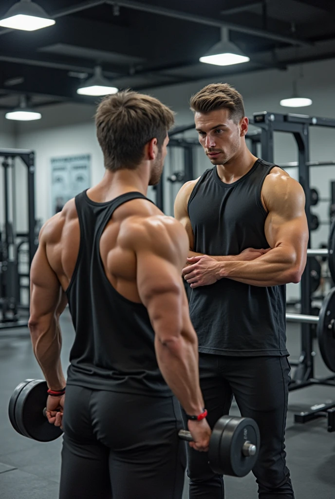 Can you help me create an image of a 35 year old young man training in a gym with a high performance coach?