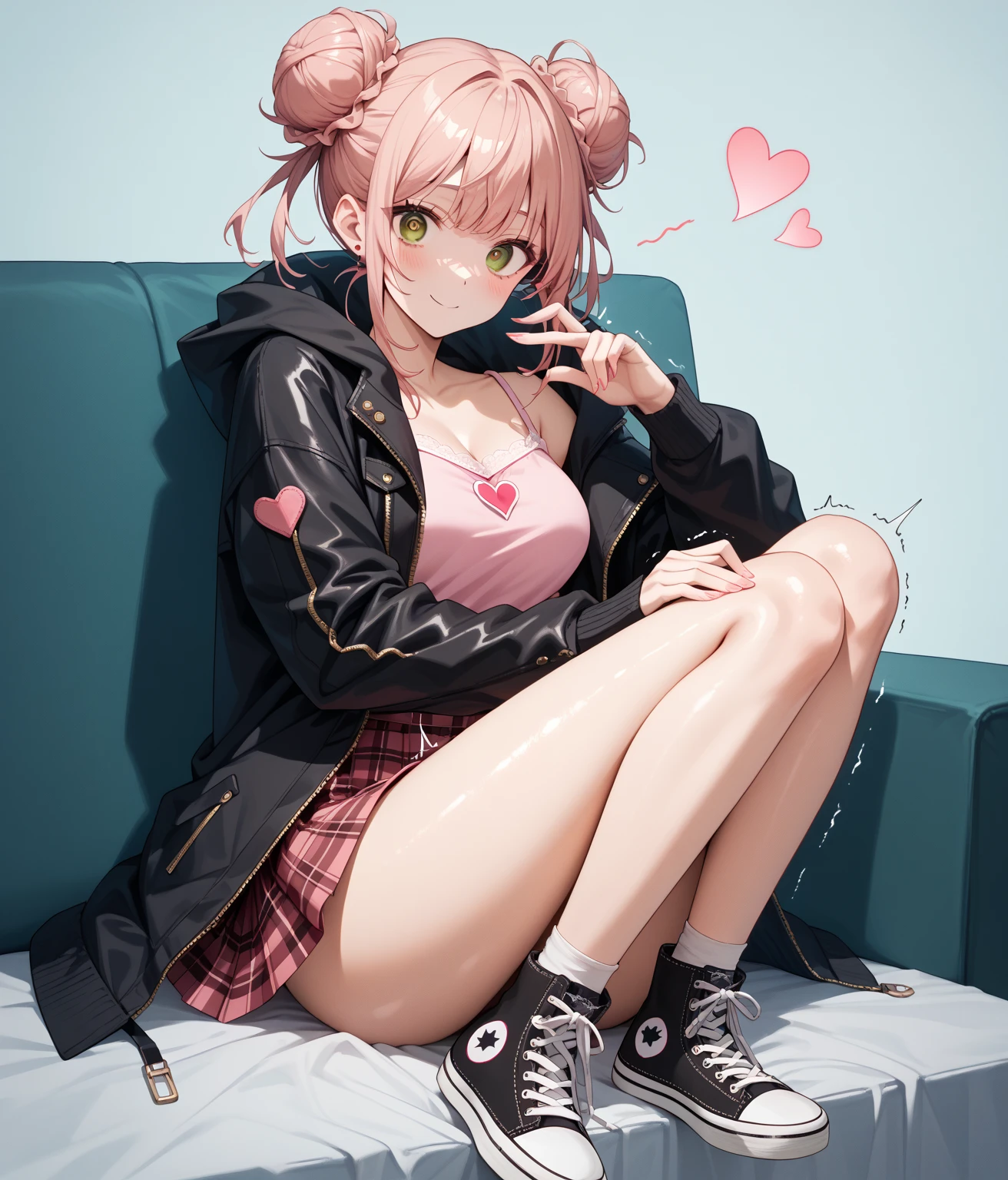 One with short pink hair,cm heart glasses,She wears a stylish pink outfit,a knee-length skirt,and it has to be dark pink 