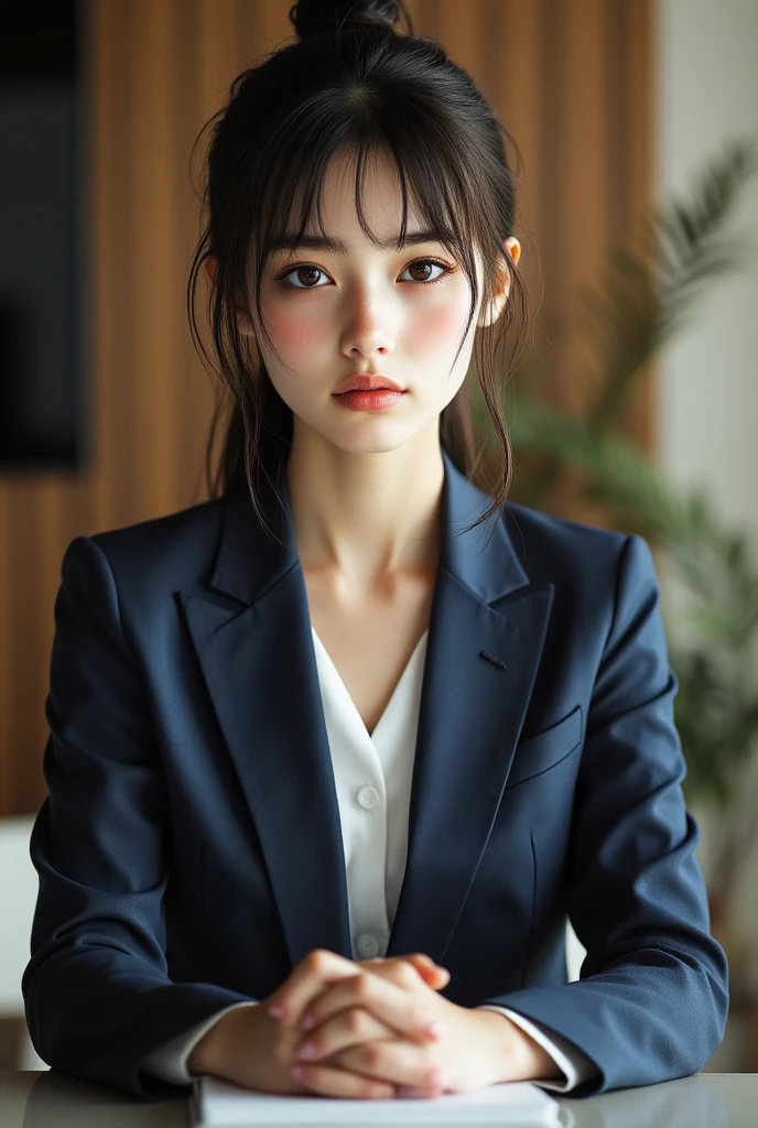 a closeup, masterpiece, top-quality, Raw foto, Photorealsitic、Take photos from a slightly higher angle、unbelievable Ridiculous, beautiful a girl, Navy blue pantsuit、Half-up hairstyle、small brest、Hair fluttering in the wind、女優、On the red carpet、depth of fields, hight resolution, ultra-detailliert, finely detail, ighly detailed, extremely detailed eye and face, Sharp pupils, foco nítido, Cinematic lighting