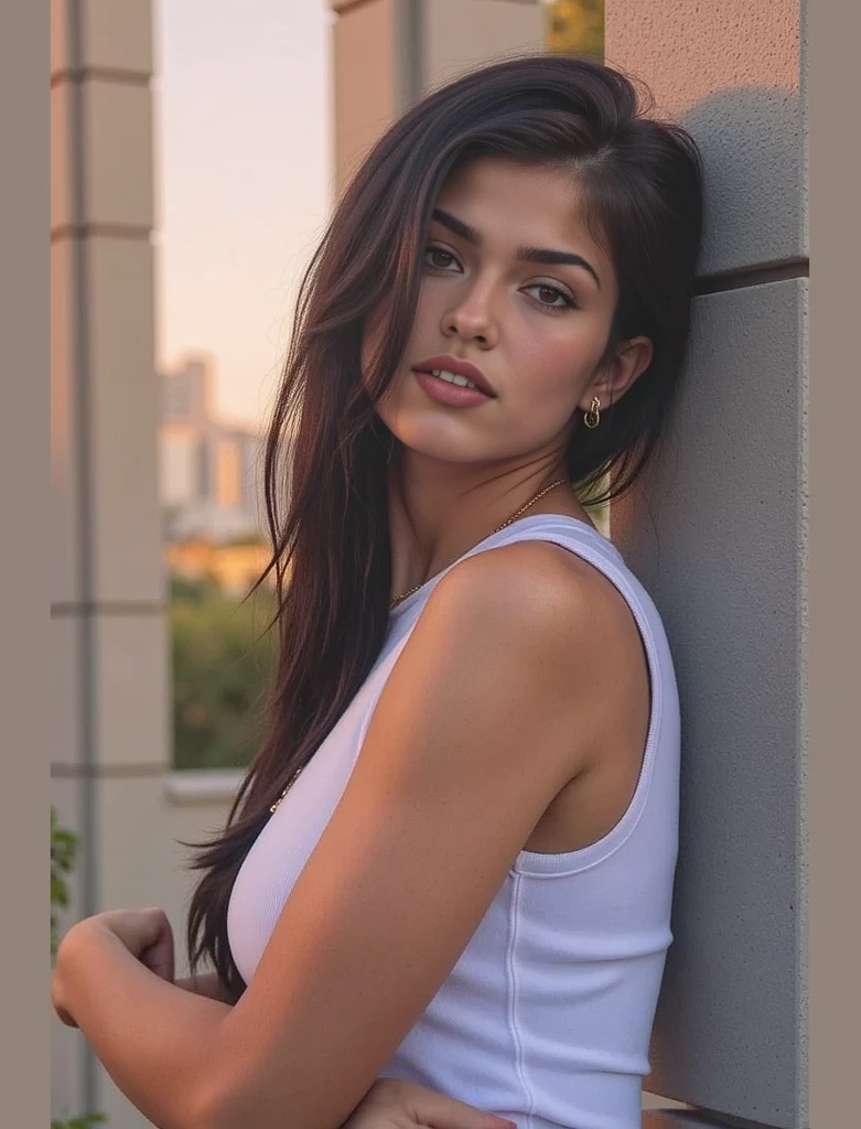 Super pretty 20-year-old Arab-American, look at viewer, cloud, day, sky, outdoors, post-apocalypse, ruins, scenery, tree, water, Highly detailed character design, cute detailed digital art, beautiful digital illustration, high quality portrait, (wet hair, shoulder-length hair, wavy-messy hair), sitting on a chair, ???'s bedroom interior, thin makeup, wardrobe extra-long oversized big tank-top shirt white, big and long shirts, only tank-top, no bra, no pants, no shorts, no underwear, ((natural medium breasts, smooth nipples pokies)), full body shot, chromatic aberration abuse, dithering, UHD, retina, masterpiece, 16k