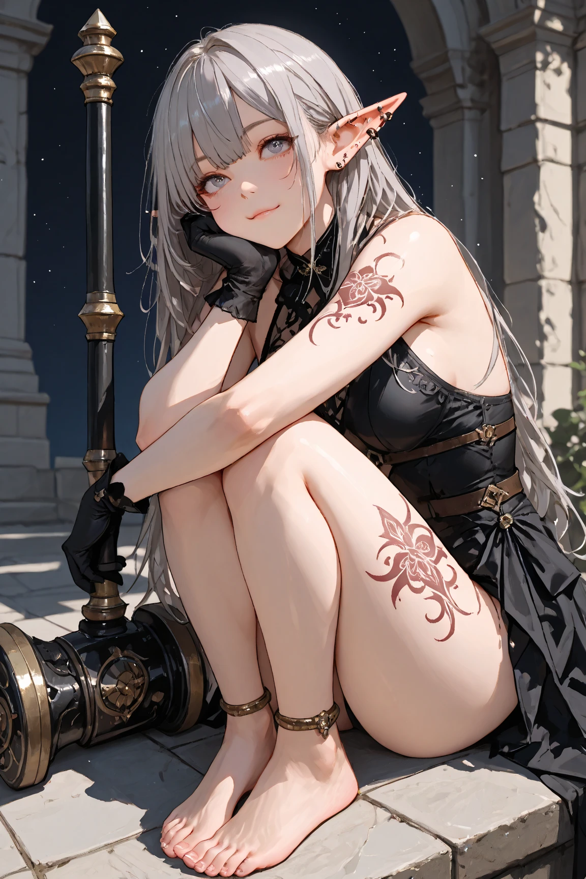 locomotive,s girl,legs long,white skinned,Boots,white color hair,Heteropupil,droid,camo ,Bare breasts,Calf tattoo,chest tattoo,katana swords