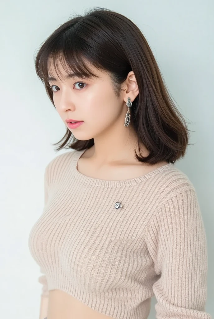 (highest quality,masterpiece :1.3),1 girl,Big breasts that are about to burst,valley,long hair,curly hair,black hair,bangs,Sweat,shiny skin,sweater,knit,28 years old