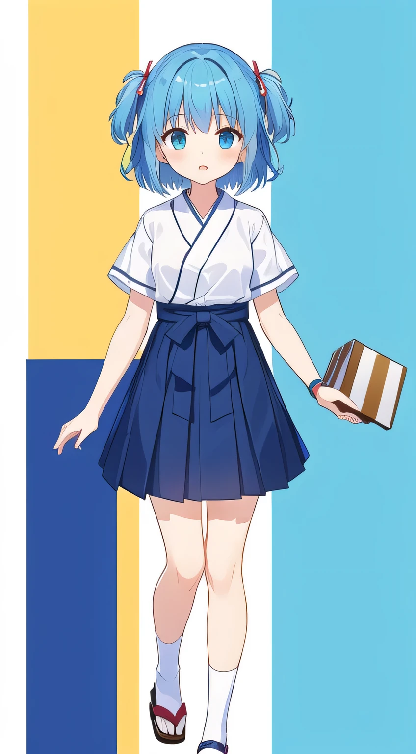 【style】 anime illustration、【appearance】 opposite、Blue Hair Girl、short hair、yellow headband、two side up、(open collar:1.1)、No bag、hand on own leg、【costume】 short sleeves、white shirt、collared shirt、hakama short skirt、(box skirt:1.2)、(asymmetry skirt:1.1)、ankle、【image effect】 background white、from front、full body