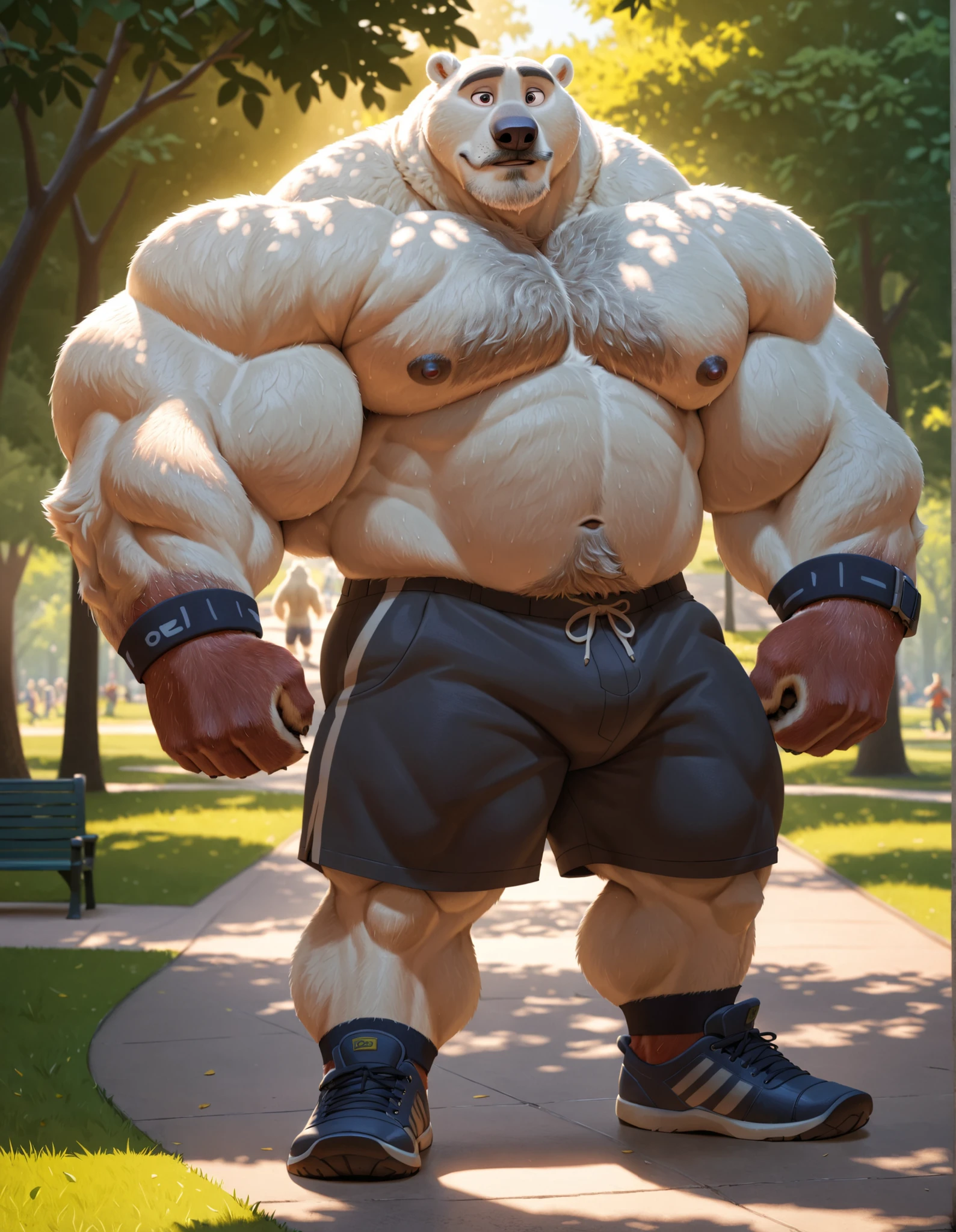 bara polar bear, strong physique, perfect anatomy, Disney, Zootopia, masterpiece, gray moustache and beard, wrinkles huge white fur, solo, great lighting, shorts, park, topless, hyper muscular, thick arms, huge pectoral, detailed eyes, buzz cut, wristbands