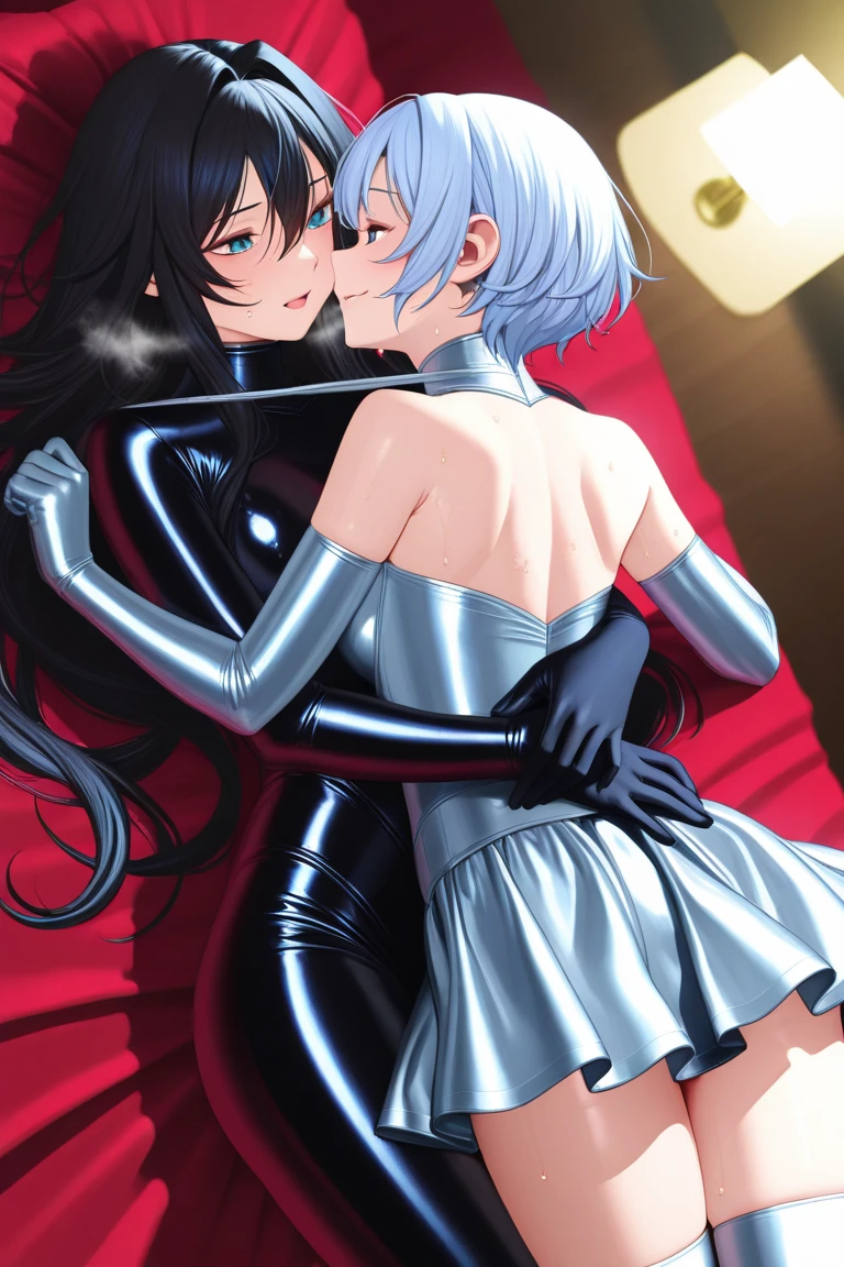 (Situation)Two men, mutual love, young men, BL, homosexual sex, lying on a bed, looking at each other and kissing, dark room at night, Chinese style
(Common appearance) A man dressed as a woman, a slender man, a man in Chinese-style sexy lingerie with see-through fabric, a man in a Chinese dress with see-through fabric, women's clothing, elbow-length gloves with see-through fabric, see-through socks, nipples showing through thin fabric, pectoral muscles, bulging crotch, penis visible, erect penis
(1st person) A boy around 16 years old, black hair, purple eyes, ecstatic expression, shyness, feeling good, chest muscles, rubbing chest
(Second Person) A man in his 20s with silver hair and green eyes, an ecstatic expression, embarrassed, and feeling good. He is lying on the bed with his legs spread and rubbing his crotch.