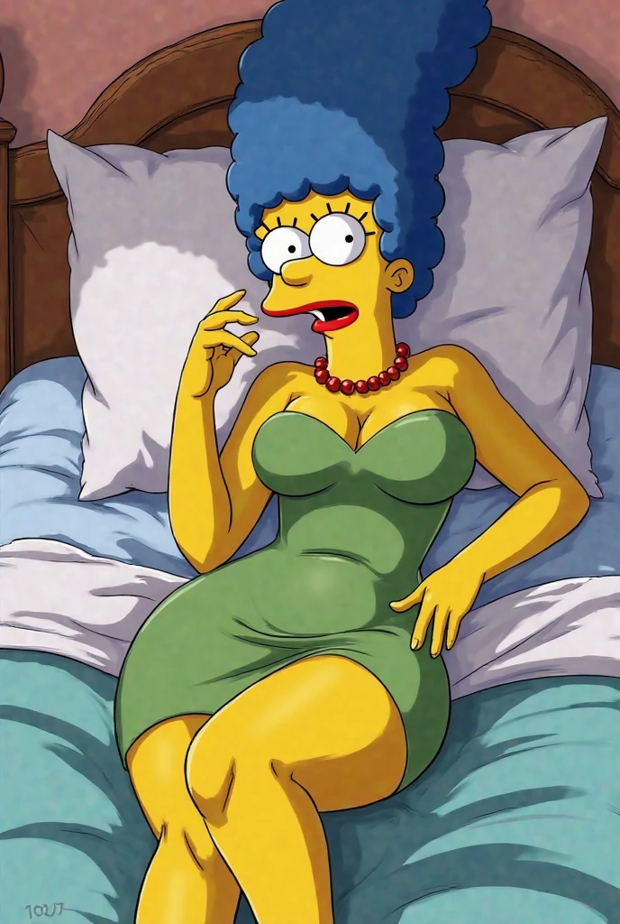 Marge Simpson from the simpsons series, For the blue, green dress, Pearl Necklace, she lowers her dress (you can see her sexy black bra), big breasts, a lot of hips, She lifts the skirt of her dress with one hand to show her sexy black panties., lying on a bed, her skirt is below her knee, blushing, open legs, blue hair.