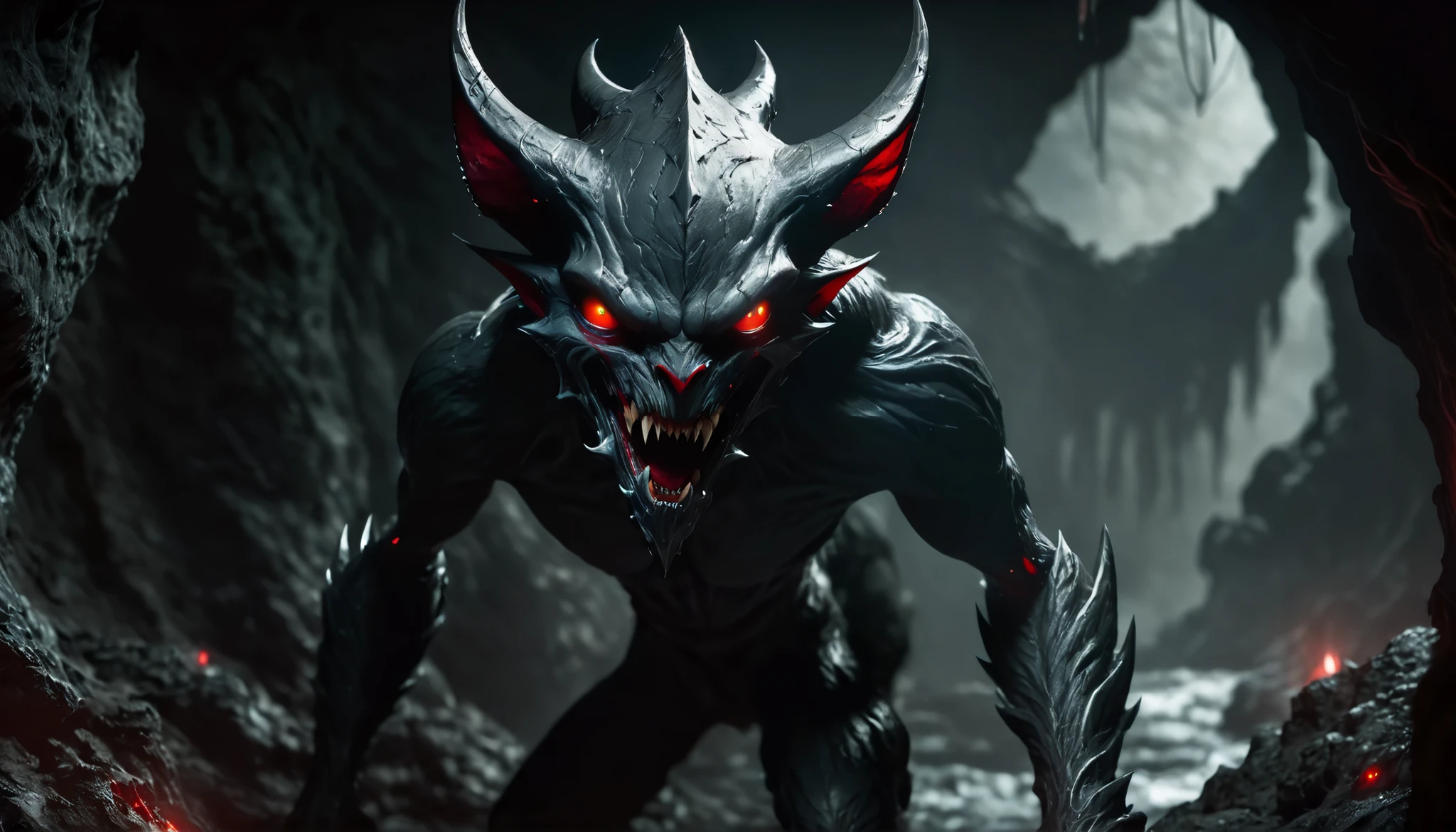 detailed fantasy creature, dark cave, bright red eyes, malevolent presence, mysterious atmosphere, dramatic lighting, Dark shadows, changing tones, cinematographic composition, Hyper realistic, 8k, high quality, Masterpiece