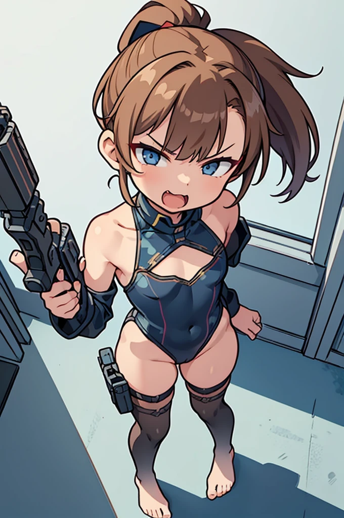 Ten_years_old girl nude, ?????, freckled skin, body freckles, fighting, angry scream, gun, high cut leotard fullbody, front pose, standing, pigtails bang hair, Battle, redhead,