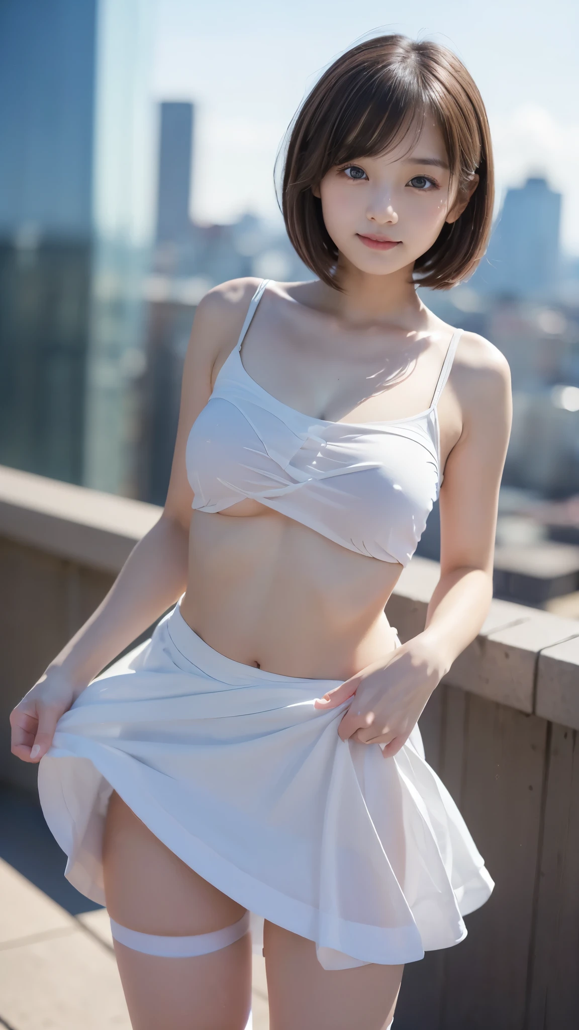((another world、come down from the sky童顔の美少女))、 short shirt 、((small breasts、flat chest))、white shirt、transparent、(Thin mini skirt、transparent、low rise、Above the knee socks、Belly Button 、ニーknee socks、((short hair))、nice girly hair、side bangs、beautiful décolletage、 short tie、brown hair、slender、model posing、smile、 full body shot 、Spotlight、knee socks、skirt、look down at the city from the rooftop、1 person、(Wind from below、Beautiful girl with a baby face coming down from the sky、skirt lift) 、Off the Shoulder、come down from the sky、Magical Girl、The aura that comes out of the body、underboobが見えます、(((underboob)))、masterpiece,best quality,Super Detail,high resolution,high resolution,8K,realistic, RAW photos ,((real people)),portrait photography,photorealistic,detailed skin,(Delicate dark eyes ), A woman with gentle droopy eyes ,Calm and peaceful, middle hair,clothing,wind is blowing,watery eyes, (detailed hands:1.3, perfect right hand:1.3)、(perfect anatomy)