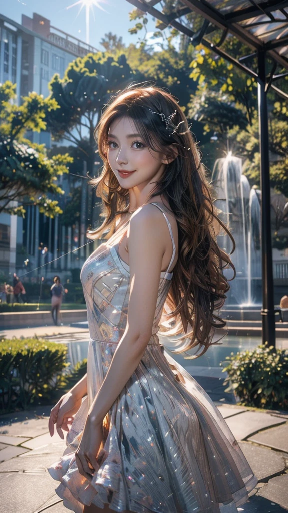 In the gentle glow of the moonlight, a radiant girl of extraordinary beauty stands amongst the enchanted peony flowers, where nature and magic intertwine. Clad in a mini dress adorned with a gleaming zipper, her locks of rich brown cascade softly over her shoulders, captivated by the light of the two celestial moons - scarlet and sapphire. The mesmerizing forest surrounding her awakens with the shimmering dance of countless fireflies, evoking an atmosphere of pure magic. The girl's engaging gaze meets the camera lens, reflecting a subtle, radiant smile that draws one in. Her captivating face, depicted with unparalle