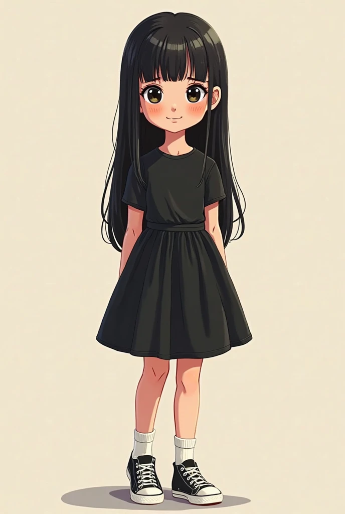 A beautiful eight-year-old girl, long black hair, wearing a red, full-body dress (ghibli studios animation cartoon style)