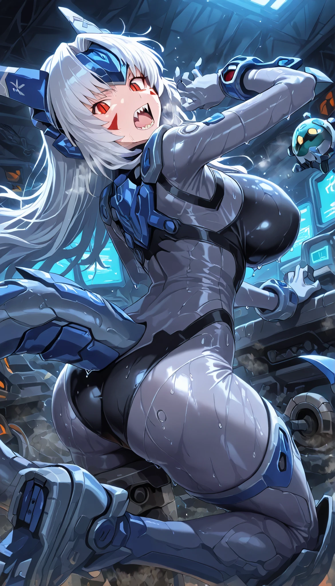,1 girl, slit pupils, Steamy, Steamy body, sweat, sweating, sweaty, sweaty body, wet, wet body, Drooping, Drooping sweat, blanking, mechanical headgear, Watch Viewers, embarrteethed, Mechanical Forehead Protector, Facial markings, and open your mouth, (sharp teeth), mechanical claw boots, matte gray bodysuit, mecha dragon girl, Tail of the machine, masterpiece, best quality, (Big Breasts), teeth, rear view, focus on teeth