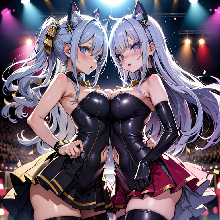 A beautiful girl with cat ears and silver hair in a bondage suit with her breasts and buttocks exposed is lifted by a man on stage and urinates on a sloppy and dumbfounded face
