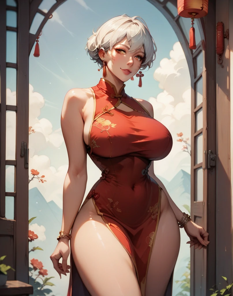 (((Tsunade))), (((black pubic hair))),(((Tear the cheongsam))),((mature female)),Thick body,(((Solo))),(((completely naked))),(((white see-through cheongsam))),,((dark puffy areola)), ((huge breasts)),((naked cameltoe)),in ryokan,A MILF,trending on artstationh,intricate face details,(Curvy physique), vibrant, 4K, 12k resolution