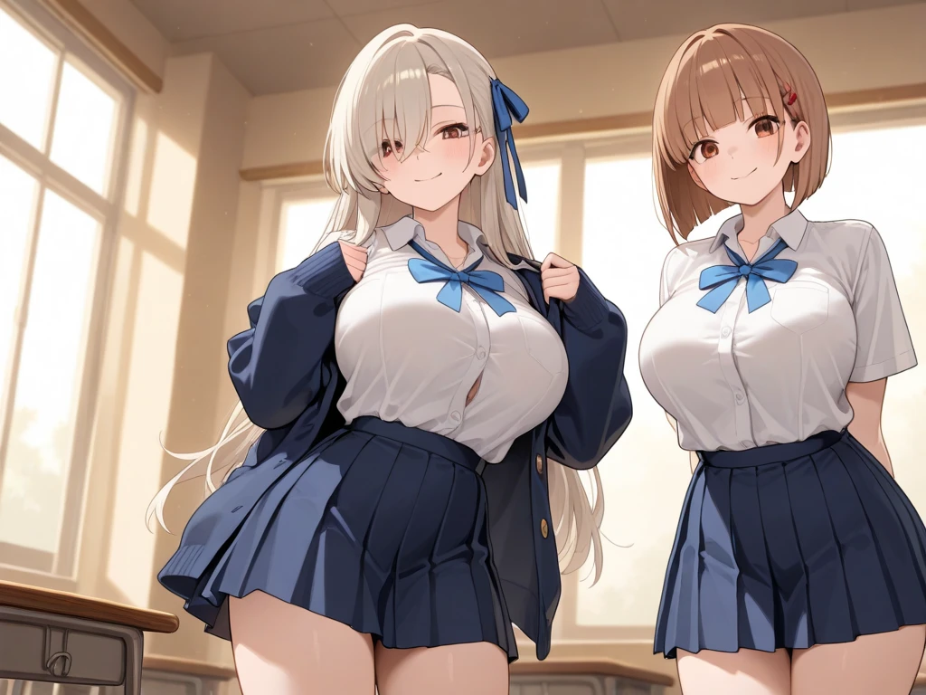 Sword Maiden, Kamisato Ayaka,from below,2girls, masterpiece, best quality, highres, JK,huge tit,full body,breasts,looking at viewer,smile,pleated skirt,shirt tucked in,skirt,tented shirt,bowtie,in school