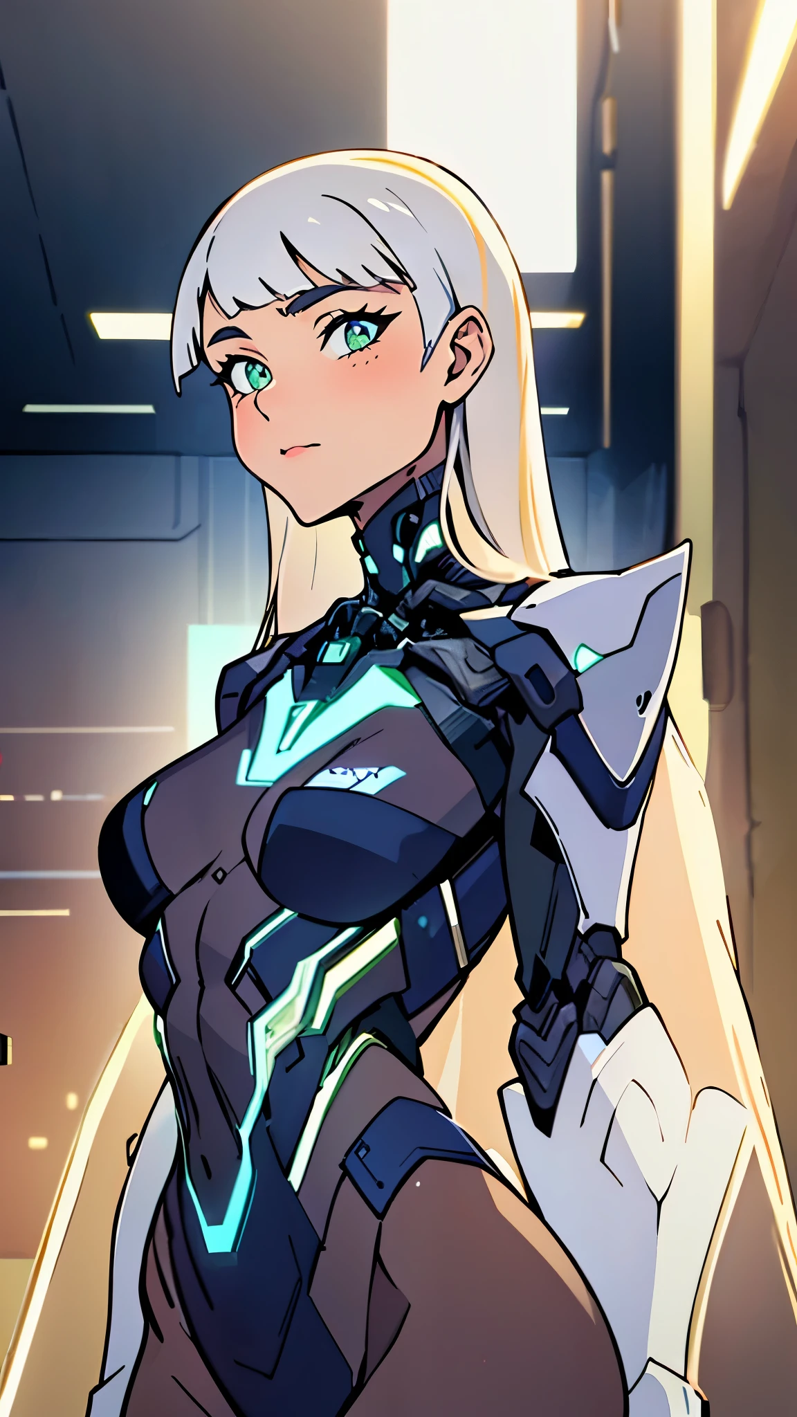 masterpiece, best quality, a beautiful woman with long shiny hair, choppy bangs, delicate face, passionate gaze, perfect smille, blush, seductive expression, tall and fit figure, perfect body, perfect skin, seductive pose, sexy Futuristic Technological Nanogel Clothing, the color scheme is primarily White with Green accents, this character embodies a finely crafted sexy beauty, exquisite and mature lineart style, goddess, feminine, exquisite photography, depth of field, bokeh, photorealistic, even and soft lighting on face, dramatic, high definition, highres, ultra detailed, professional photo, perfect body proportions, anatomically correct, symmetrical face, extremely detailed eyes and face, perfect eyes, high quality eyes, creativity, RAW photo, UHD, 32k, portrait lighting, cinematic lighting, (masterpiece-anatomy-perfect:1.2)