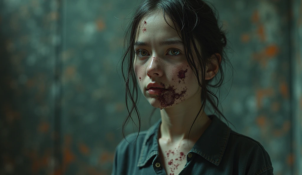 A zombie girl wearing a straitjacket, in the background a sinister and dilapidated asylum
