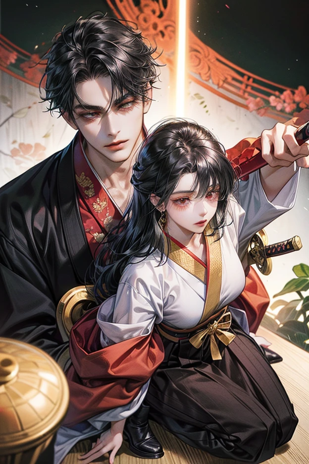 concept-art、a couple、ancientry、❴Samurai man and ninja woman❵、lovemaking、(two beautiful faces)、Japanese-style atmosphere、jpn、Beautiful depiction、dramatic compositions、A depiction that captivates viewers、Masterpiece、4K
