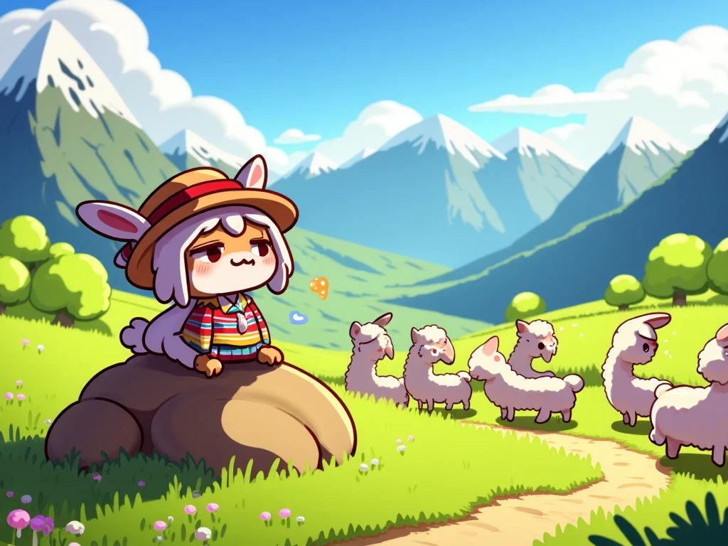 (((Masterpiece: 1.5))), (High angle shot), Chibi-style illustration; Wolf-like furry girl, wearing Peruvian clothing, sits on a rock watching her alpacas graze; Sunny day, grassland between mountains.