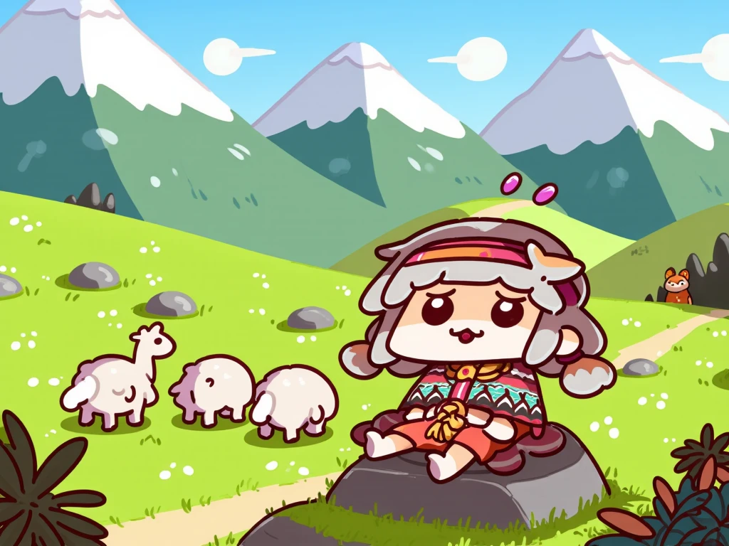 (((Masterpiece: 1.5))), (High angle shot), Chibi-style illustration; Wolf-like furry girl, wearing Peruvian clothing, sits on a rock watching her alpacas graze; Sunny day, grassland between mountains.