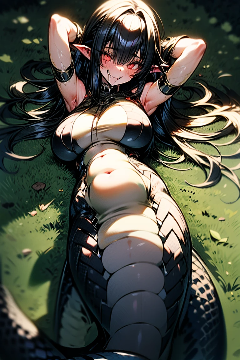 masterpiece, highest quality, 1 girl, looking at the viewer, blue eyes, closed mouth, (Urgent 1:0.7) ,black hair、(masterpiece),(highest quality:1.0), (ultra high resolution:1.0), Detail view, 8K, anime, masterpiece、provocative look very big breasts Fair skin very fine eyes show off your chest、,swaying chest, upper thigh、highest qualityの詳細な目,Tight-fitting clothes that highlight her perfect body ,A torn body suit grazes my chest, crush and transform、Beautiful shining nipples、Sunny steppe、M-shaped spread legs