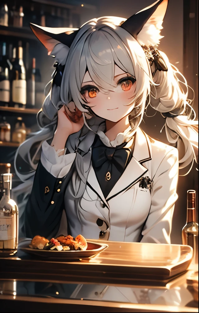 （（（ＳＦＷ、Highest quality、 first class masterpiece 、 Normal Body 、32k、  detailed face 、super precise、  normal hand、５refer to、Highest）））、Celia Claire、ceria、Beautiful Girl、 Silver Hair、twin tail、Glowing Hair、beautiful breasts、slender、 slim、Petite、 can be used、Butler、Tuxedo、Animal Ears、gossiper、Beastification、bartender