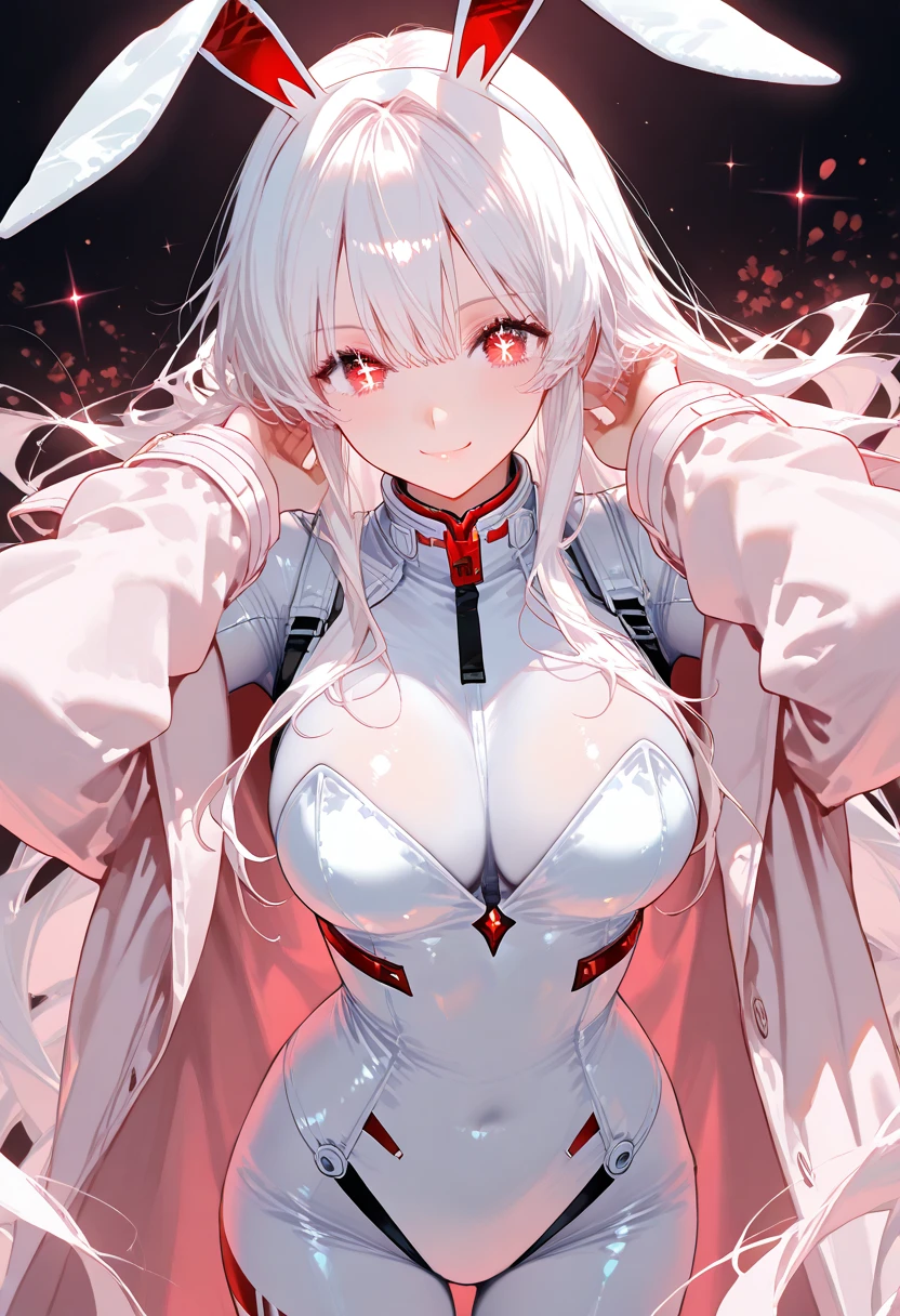 Masterpiece, High quality, High quality of art, anime lineart, 1girl,white hair, black eyes, white eyebrow, red eyeshadow, Tall, big hips, big chest, very blush, white hearts in eyes, in future base, looking at viewer, smile, white skin,In the base of the future somewhere in Antarctica, white fur coat