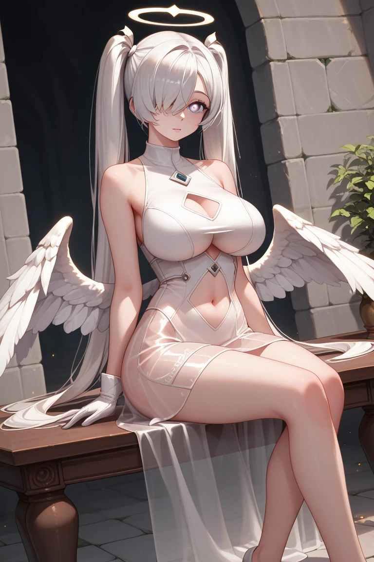 giant girl 50,000 feet high,Weight 1000kg,Has a pair of long legs,Open your eyes wide,Has a pair of huge white angel wings,With huge devil horns on his head,crown on head,Elf wearing white earrings,She has long pink hair that reaches her feet,loose hair,Pink wavy long curly hair,Wearing a pair of white boots,White lace gloves,White lace pantyhose,Pantyhose with bow and star decorations,白色蕾丝whole body,sitting on a tall building,Beautiful appearance,Exquisite makeup,quality,8k,高quality,Perfect proportion, Cinema lighting,film grain,Fuji colors,8k,textured skin,Super details,high detail,high resolution,fake smile,blood stains,脚底有blood stains,whole body,Obese,elf princess,feather,flowers