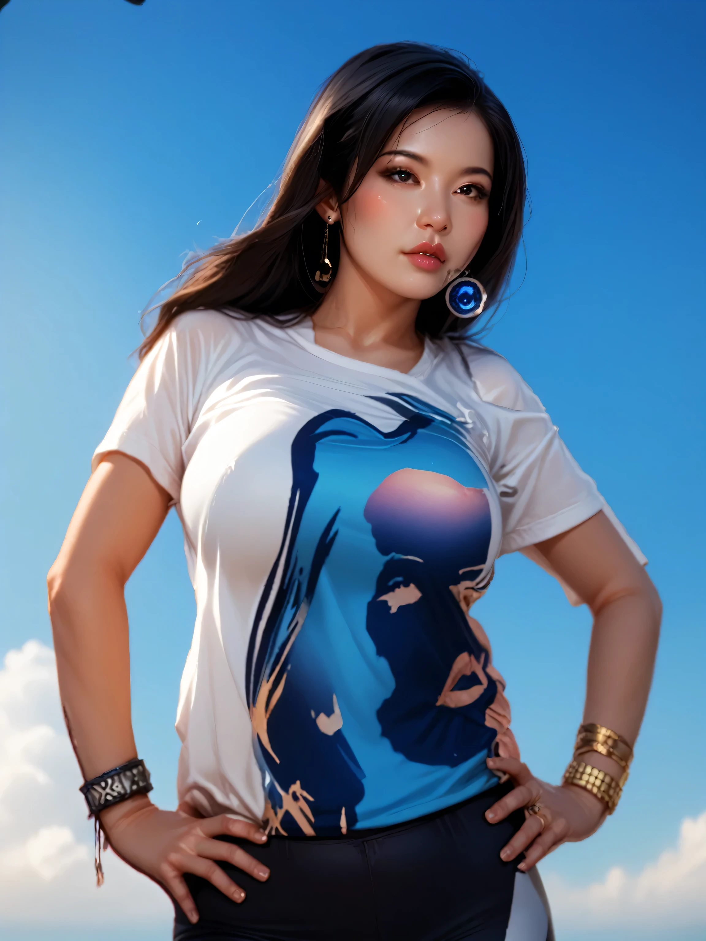 watch, wristwatch, 1girl, jewelry, bracelet, hand on hip, solo, shirt, blue background, wristband, blue sky, earrings, hands on hips, sky, black hair, lips, t-shirt, bangle, realistic, day, long hair, nose, asian, short sleeves, large breasts