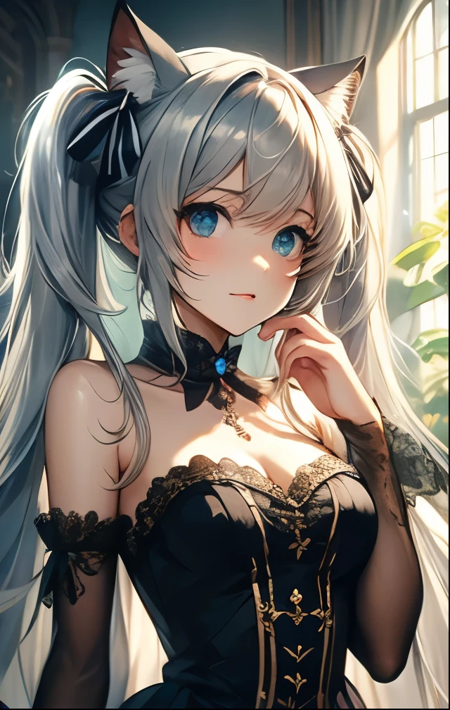 (((SFW、Highest quality、 first class masterpiece 、 Normal Body 、32k、 detailed face 、super precise、 normal hand、5refer to、Highest)))、Celia Claire、ceria、Beautiful Girl、 Silver Hair、twin tail、Glowing Hair、beautiful breasts、slender、 slim、Petite、 can be used、Butler、Tuxedo、Animal Ears、gossiper、Beastification、upright and immovable