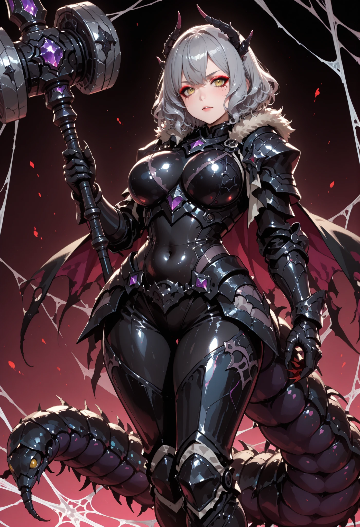 A Light armor woman. Grey hair. Short bob hair. Wavy hair. Spiky hair accessory. Yellow eyes. Spider web eyeshadow. Black armor. Spiky. Scorpion motif armor. Large breasts. Belly button. Holding a weapon. Large hammer. Weapon hammer. Sharp claws. Armored arms. Asymmetrical hands. Carrying a large centipede. Black centipede monster. Chains. Crystal decorations.