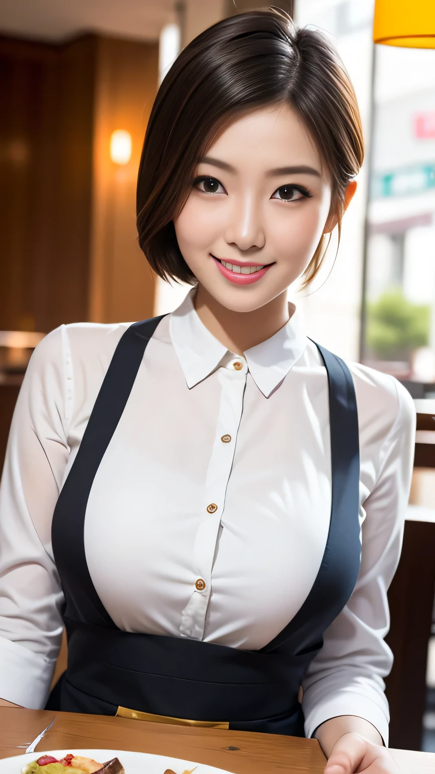 (The Ultimate Beautiful Japan Married Woman), 50s, hyperdetailed face, Detailed lips, (big eye:1.4), Double eyelids, Short brunette hair, (grin)、(White shaping teeth), (cparted lips), ((While wearing cabin-attendant's uniform:1.4))、((large full breasts)), thighs thighs thighs thighs、(Cowboy Shot:1.3), Perfect fit, depth of fields、Perfect image realism, Background with:((On the plane))、细致Background with, detailed costume, Perfect litthing、Hyper-Realism、Photorealsitic、8K maximum resolution, (​masterpiece), ighly detailed, Professional