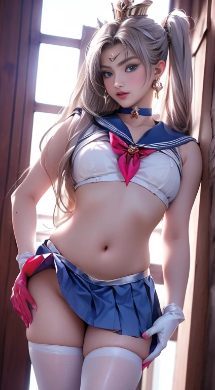 Sailor Moon, Real Life Style, (((Top Quality, Masterpiece: 1.3)), (((Russian Beauty)), 1 Female, 15 years old, Big: 1.3, Detailed Skin, Slender Body Type: 1.1, Toned Abs, Blonde Semi-Long Hair, Ultra Detailed Face, Detailed Lips, Detailed Eyes, Double Eyelids, Smile, Look Right, Jump, Brown Eyes, Super Wide Shot, Yotsubai, Full Body, School, Classroom, Sit at a Desk, Desk, Sailor Moon, Super Wide Shot