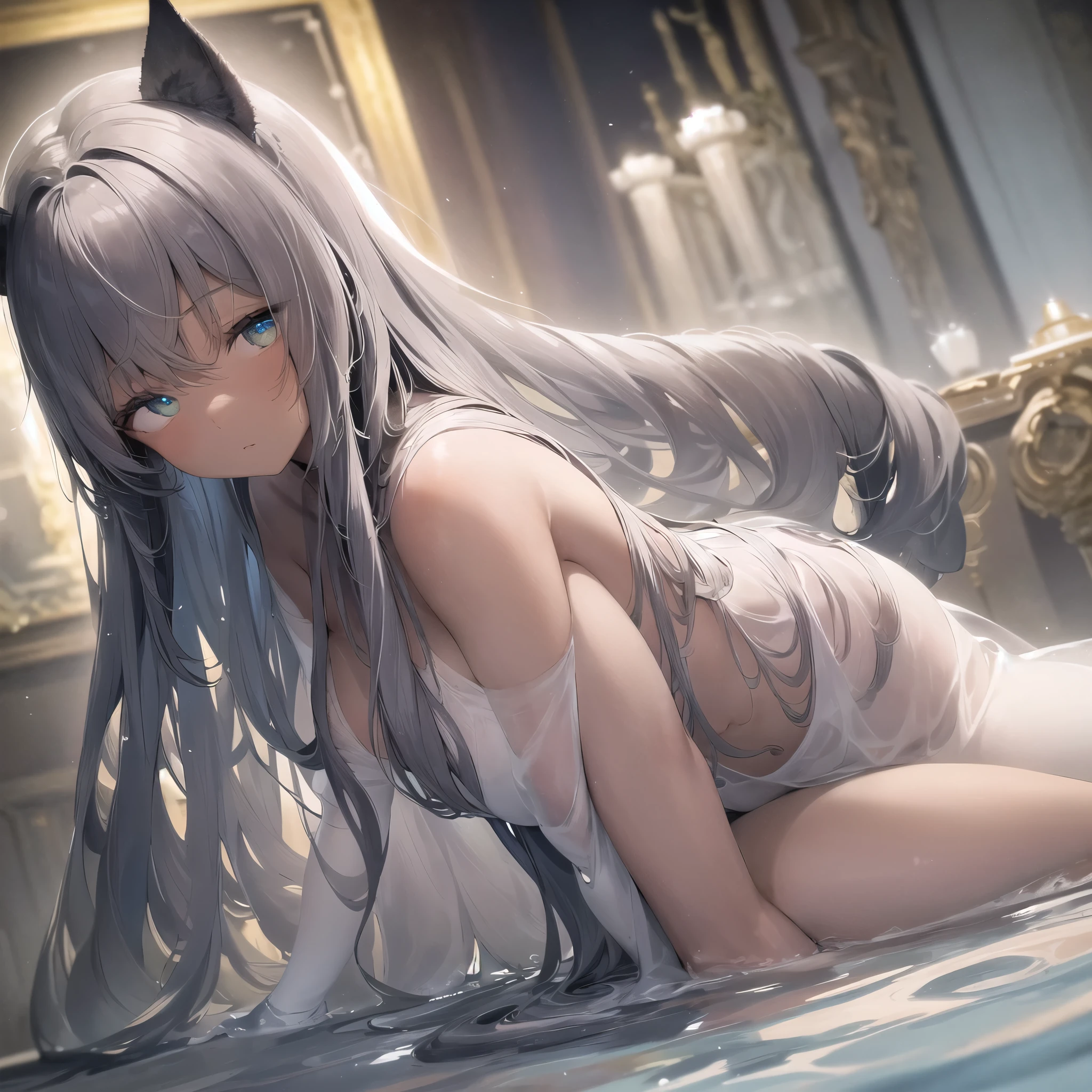 masterpiece、top-quality、1girl in。(bathrobe:1.2), white hair,Red Eyes,(mare:0.8), (Fantastical:0.7),(middlebreasts:1.4), (A smile:0.8),fox ear,salon,wear bra, wear dress,wet clothes,wet hanging,salon, perfect body,((wet clothes:1.3)), perfect breast,((blush on: 1.2)),((fox-tails:1)), perfect big fox-tails, bikini, legwear,hair bobbles, tights