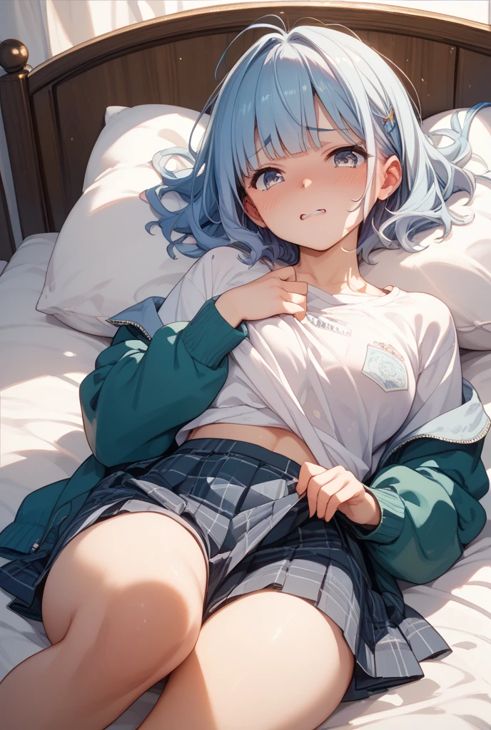 girl short light blue hair with blue skirt and cyan sweater brown eyes next to a pink bed in a sexy pose lying down
