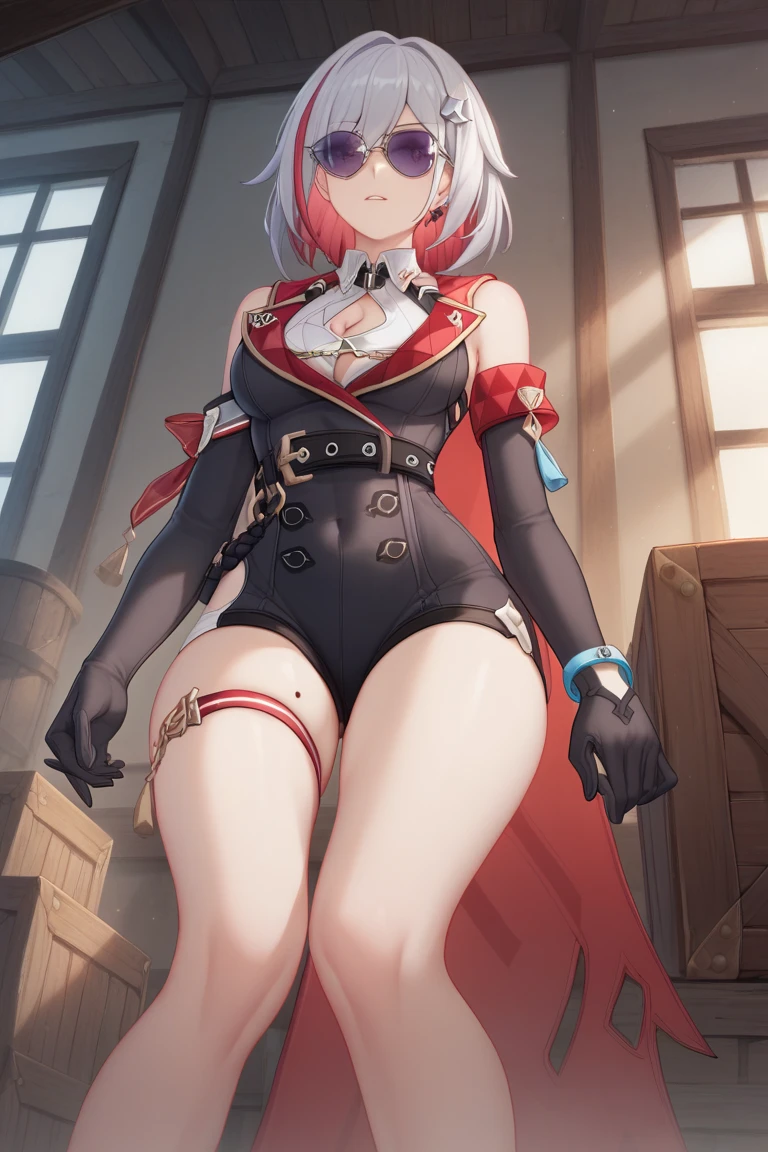 Topaz, short white hair with red highlights, blue eyes, black romper, bare shoulders, black detached sleeves, red half cape, thigh brace, black waist belt, white sleeveless shirt underneath, black gloves, black boots, from below, seductive smile, medium breasts, indoors, mature female, naked